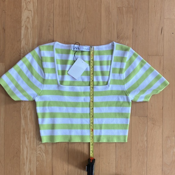 NEW Zara Large cropped square-neck green white stripes sweater - Picture 6 of 10